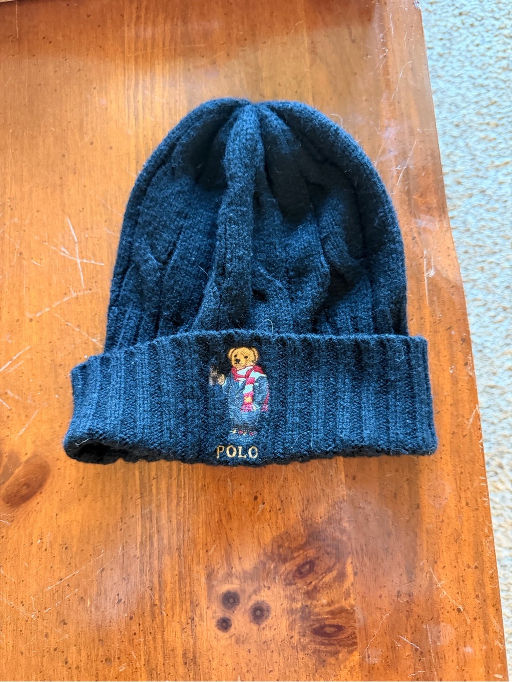 Ralph Lauren Navy Knit Beanie with Embroidered Bear